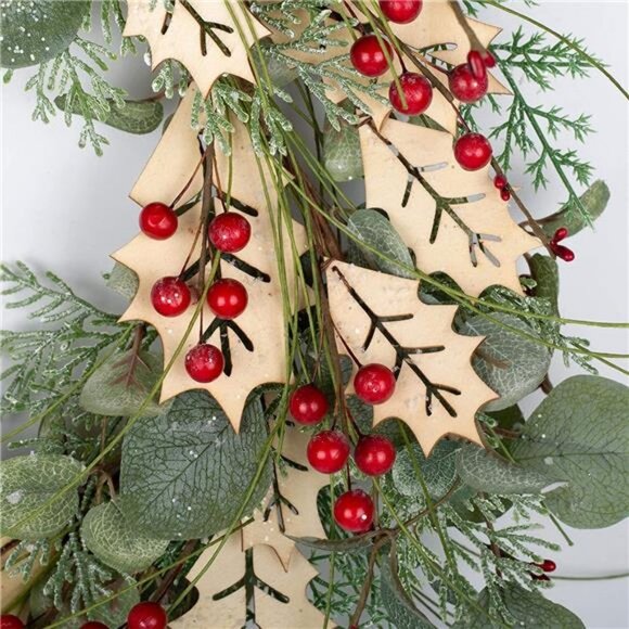 18" Christmas Wreath Traditional Pine Branches Wreath with Wood Leaves & Berries - Picture 5 of 5